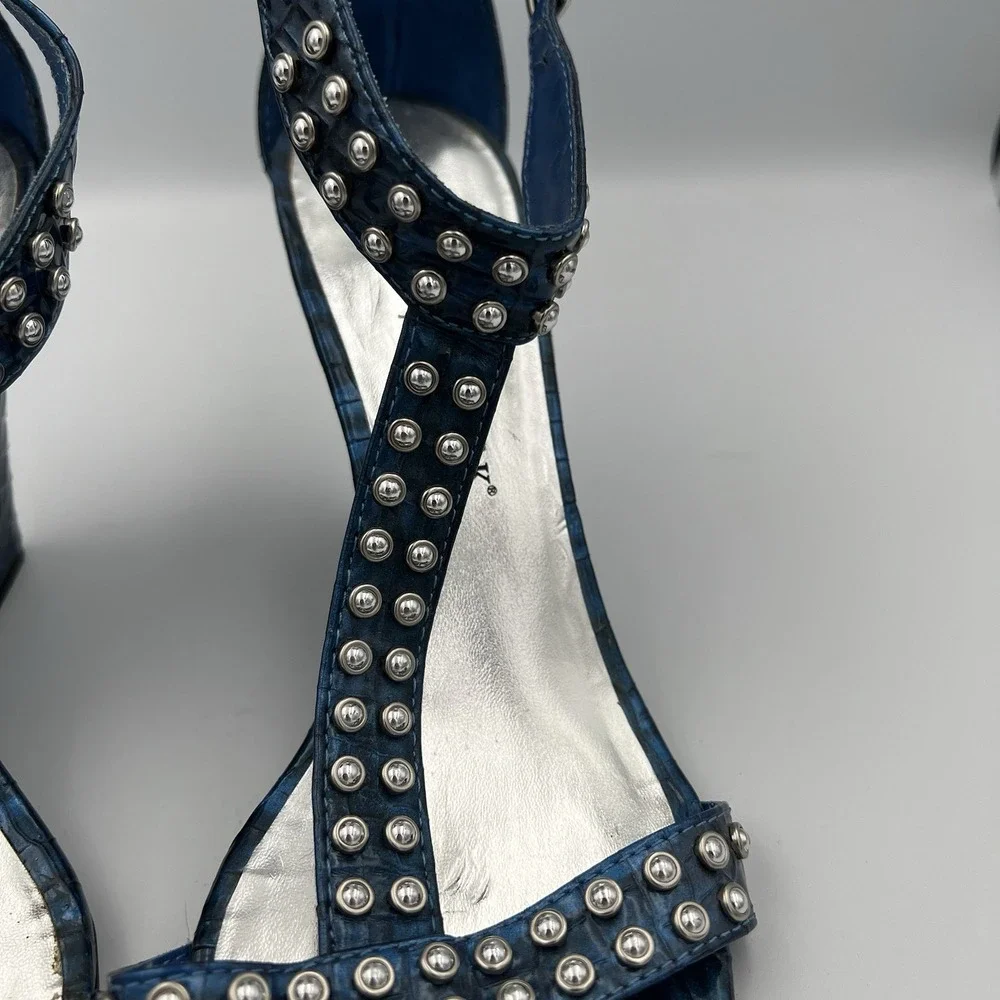 White House Black Market Paris Blue Studded Ankle Strap Wedges‎ Size 9.5